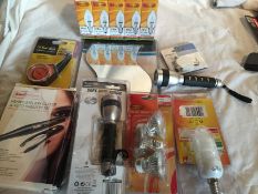 Joblot of 18 items including, soft grip torches, bulbs, tyre pressure gauge and more- Value of