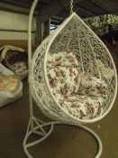 Single Seat Round Swing Chair- white chair with white Frame and floral cushion