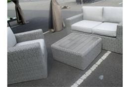3 PIECE ALL WEATHER SOFA SET FULL ROUND ALL WEATHER MULTI GREY RATTAN CONTRASTING DEEP GREY CUSHIONS