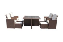 The Barcelona 9 Piece Rattan Garden Cube Set in chocolate mix with coffee cream cushions.