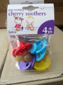 144 x Packs of 4 Little Wonders Latex Cherry Soothers. Suitable for ages 4 months +. Brand new and
