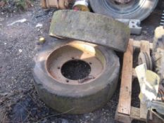 Solid JCB Wheels and tyres - 2 Good solid wheels and tyres on JCB 5 stud wheels