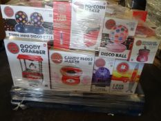 1 x Large Pallet (9) to contain 50 Boxed global gizmo items to include: popcorn maker, lava lamp,