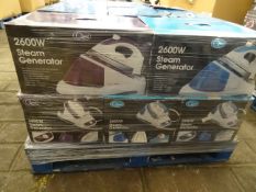 1 x Large Pallet (27) to contain 16 x BOXED Quest 2600w Steam Generating Irons. Aluminium covered