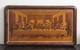 Bildplatte, Intarsienarbeit aus versch. Edelhölzern, Darst. d. letzten Abendmahls, wohl um 1910/