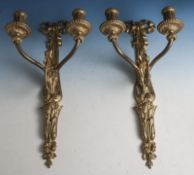 Reserve: 200 EUR        Zwei Wandkerzenhalter (jeweils f. 2 Kerzen), vergoldeter Bronzeguss,