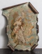 Blechschild, Jugendstil, um 1900, farbig bemalt, mit einer Frauenfigur auf einem Astsitzend und