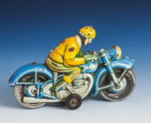TippCo, Blechmotorrad m. Fahrer, Farbe blau/gelb, Schwungradantrieb (kein Nachbau). L. ca.16 cm.