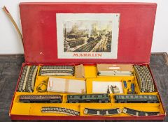 Märklin Starterset, Blech farbig lackiert, in orig. Karton m. farbig illustr. Deckel,Darst. v. C.