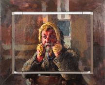 * Robert O Lenkiewicz [1941-2002]-
Man warming his head with her scarf:-
Jealousy Theme, Project 8,