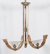 An Art Deco period plated three-branch electrolier: with three swept arms having foliate  pattern