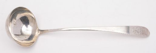 A George II Irish silver pointed Old English pattern soup ladle, maker's mark worn, Dublin,
