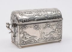 A Continental silver ring casket, in the form of a trunk: stamped marks,