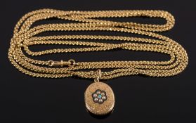A late 19th century gold long guard chain: with attached opal and split pearl mounted oval locket