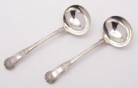A pair of George IV silver Kings pattern sauce ladles, maker John Meek, London, 1822: initialled,