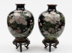A pair of Japanese cloisonne vases: of ovoid form decorated with chrysanthemums and daisies,