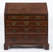 A mid 18th Century walnut mahogany and cross and feather banded bureau:,