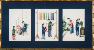 A collection of eleven Chinese silk paintings on rice paper: depicting various aspects of silk