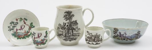Five Worcester porcelain printed wares: comprising a bell shaped mug decorated with 'The Milkmaids'