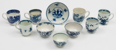 Ten Worcester porcelain blue and white 'reference' wares: including a coffee can and cup in the