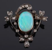 An opal and rose diamond brooch:, the single, oval opal approximately 15mm long x 11mm wide,