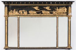 An early 19th Century ebonised and gilt gesso landscape overmantel mirror:,