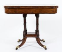 A Regency mahogany and inlaid rectangular card table:, bordered with ebony lines,