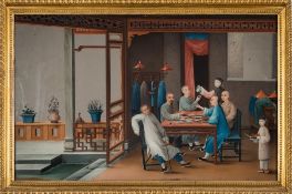 An unusual late 18th century Chinese Export reverse mirror  painting: depicting opium smokers