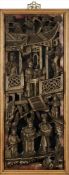 A Chinese gilt wood figural wall mirror: decorated with figures in a pagoda landscape, 54 x 20cm.