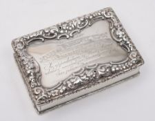 A Victorian silver presentation snuff box, maker John Tongue, Birmingham,