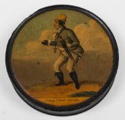 An early 19th century black lacquer and papier mache box: of circular form,