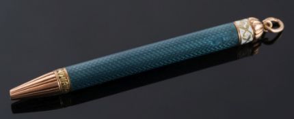 A Russian enamelled gold  and silver propelling pencil: the shaft decorated with blue/grey enamel
