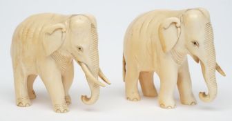 A pair of early 20th century carved ivory Indian elephants: with curved trunks and inset ebony eyes,