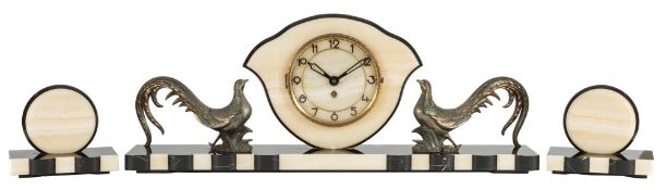 An Art Deco three-piece marble clock garniture: having an eight-day timepiece movement,