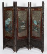 A Japanese carved ebonised wood and lacquer three-fold screen:,