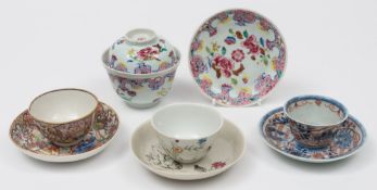 A group of Chinese famille rose and similar wares: comprising three tea bowls and saucers in the
