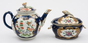 A Worcester teapot and cover and a tureen and cover: the teapot with flower finial and decorated in