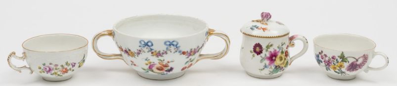 Five pieces of Meissen porcelain: including a custard cup and cover painted with floral bouquets