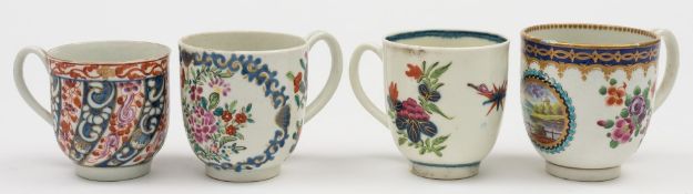 Four Worcester coffee cups: one painted with the 'Queen Charlotte' pattern of spiral bands of
