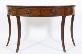 A Regency mahogany and inlaid demi lune pier table:, bordered with ebonised lines,