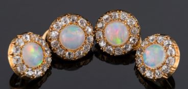 A pair of yellow gold, opal and diamond circular cuff-links:,