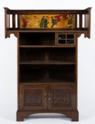 By Shapland and Petter, Barnstaple 
An Edwardian oak and decorated bookcase:,