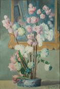 * Izme Mary Vickers [1885-1966] - 
Still life of pink tulips and carnations in an interior:-