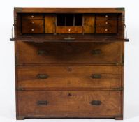 A 19th Century mahogany and brass bound secretaire military chest:, in two parts,
