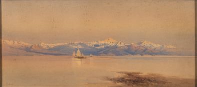 Angelos Giallina [1857-1939, Greek]-
Mountains of Epirus from Corfu:-
signed,