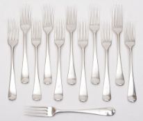 A matched set of twelve George III Hanoverian pattern table forks,