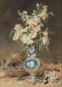 Sidney Trefusis Whiteford [1837-1915]-
Still Life of blossom in a jug and bird's nest:-
signed and