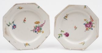 A pair of Bow octagonal plates: each painted with a floral bouquet and scattered sprigs within a