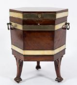 A George III mahogany, inlaid and brass bound hexagonal wine cooler:,