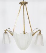 An Art Deco period chrome and gilded three branch electrolier: having a triangular tapering central